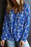 Blue Floral Notched V-Neck Long Sleeve Blouse