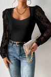 Black Frenchy Contrast Lace Bishop Sleeve Bodysuit