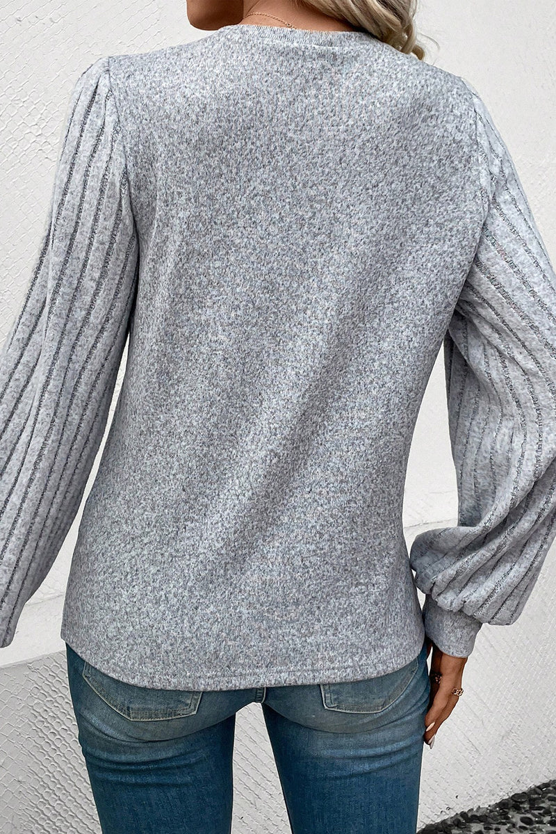 Gray Contrast Ribbed Bishop Sleeve Top