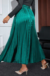 Blackish Green Satin Elastic Waist Pleated Maxi Skirt