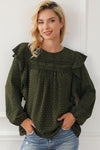 Blackish Green Lace Eyelet Ruffle Shoulder Long Sleeve Blouse