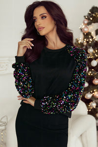 Black Sequin Raglan Sleeve Crewneck Pullover Sweatshirt