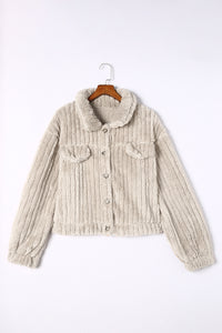 Khaki Solid Color Plush Fleece Button up Jacket