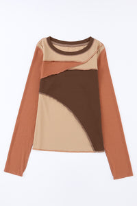 Brown Expose Seam Color Block Ribbed Knit Top