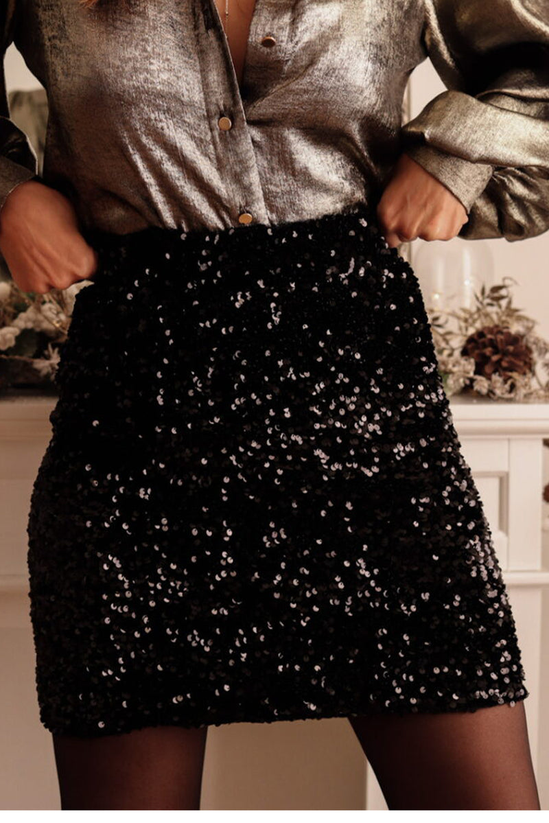 Black Sequin Bodycon Mini Skirt